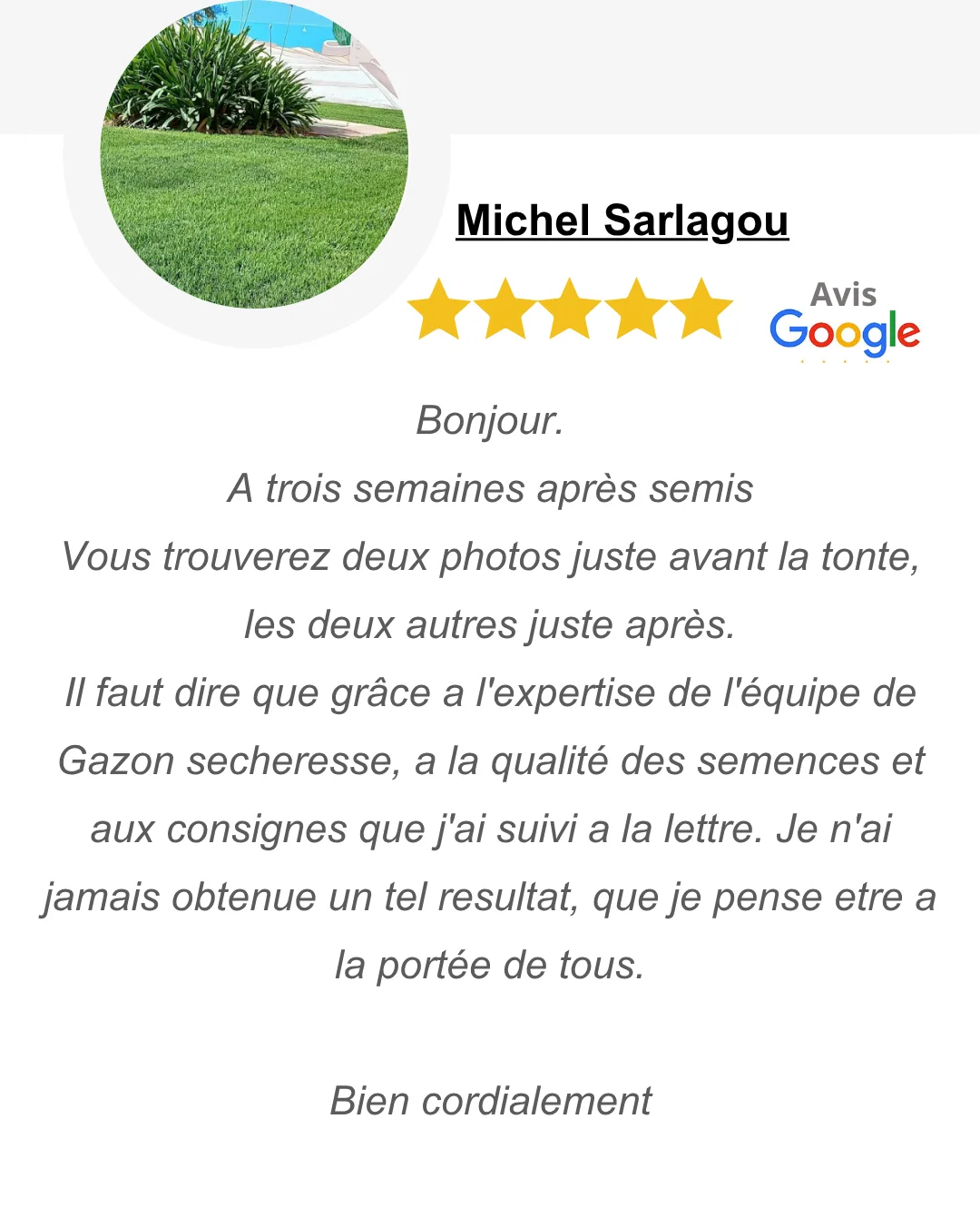 Avis 5/5 google sur Gazonsecheresse Avis google Gazonsecheresse