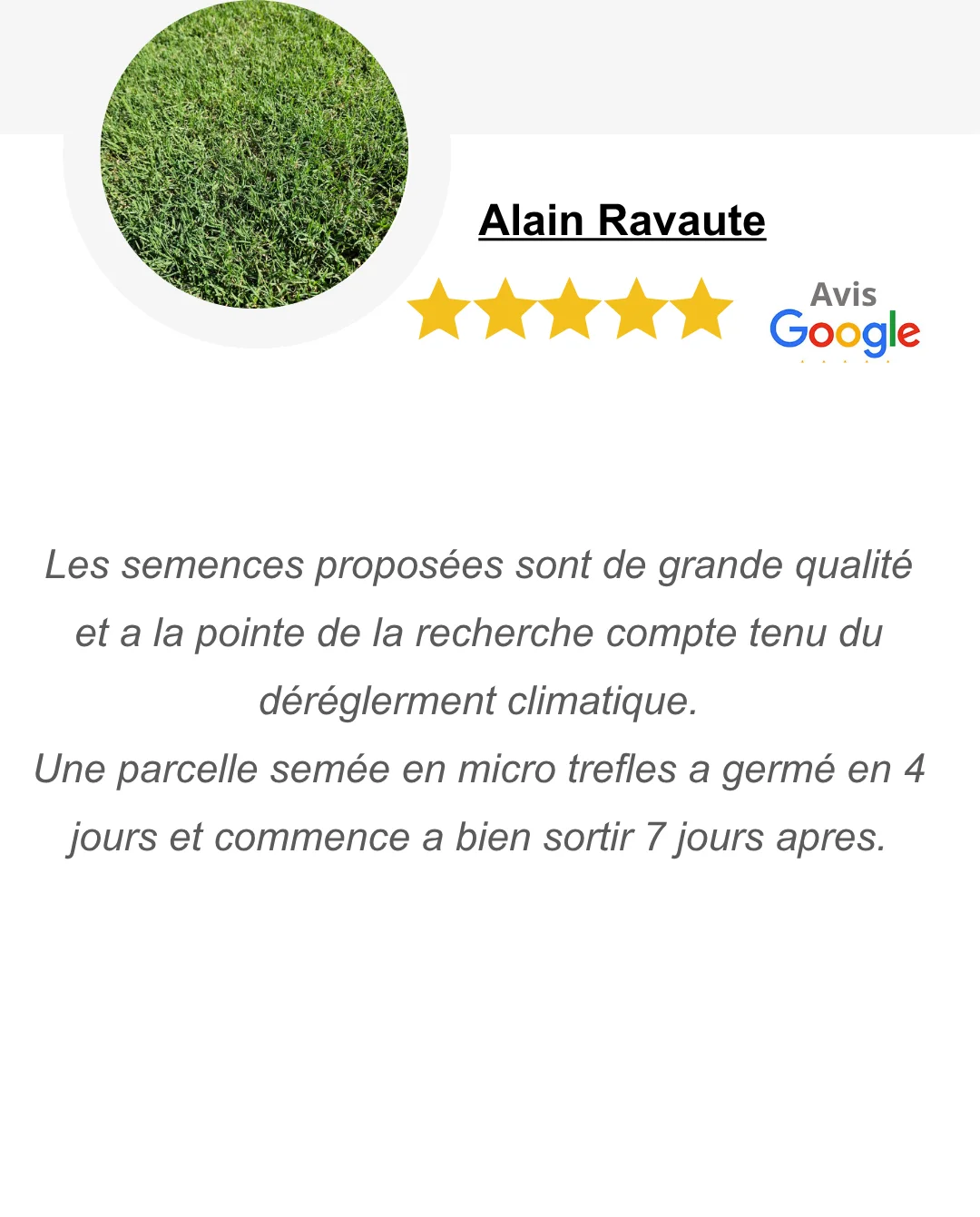 Avis client sur les semences de gazon résistantes à la sécheresse Témoignage client satisfait du gazon résistant à la sécheresse GazonSécheresse