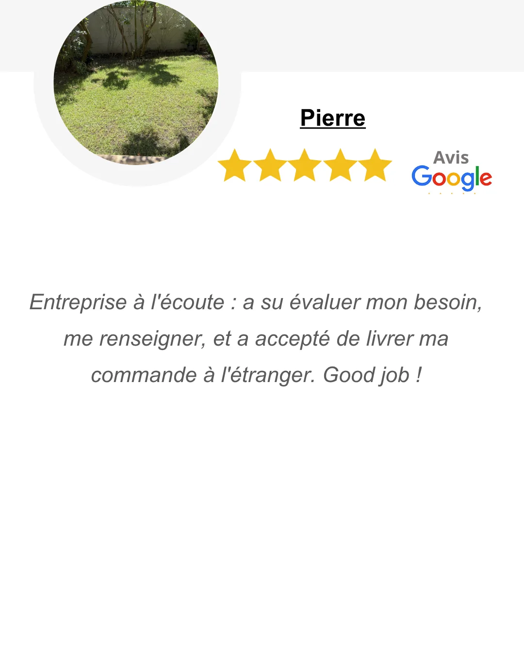 Avis Google sur les gazons résistants à la sécheresse Avis Google 5 étoiles client Gazon Sécheresse
